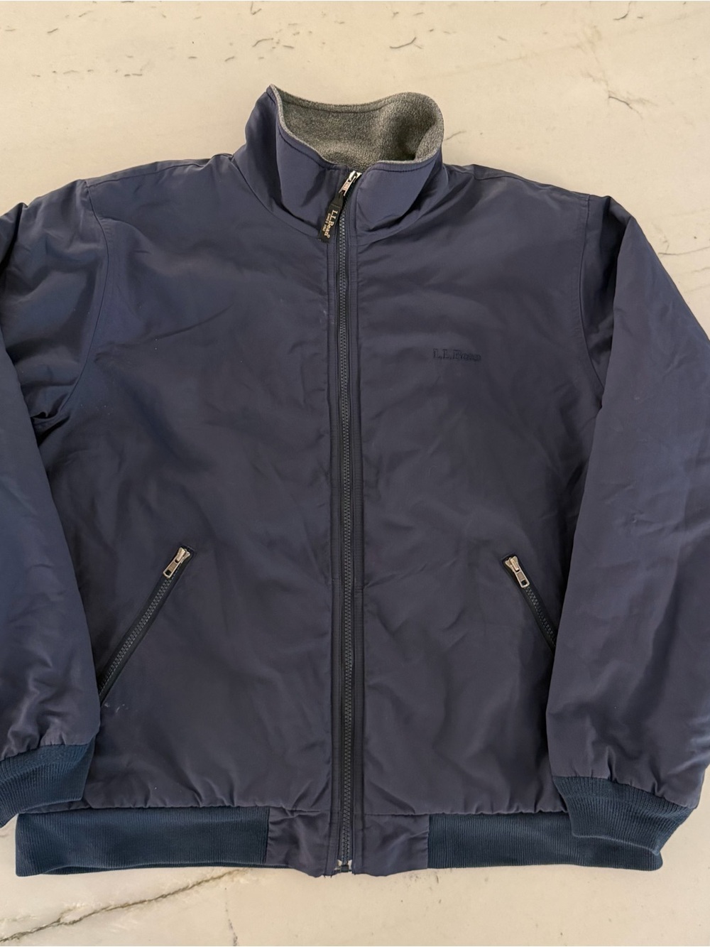 LL Bean Jacket Mens Large Blue Warm Up Fleece Lined Windbreaker Full Zip Up Coat